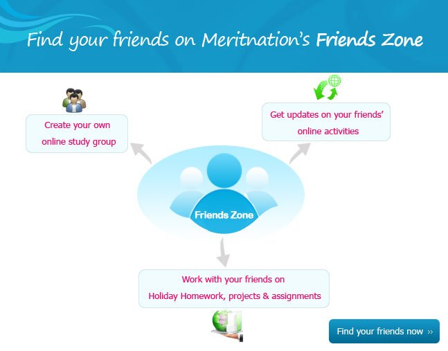 Connect with your friends on Meritnation's Friends Zone

*Create your own online study group
*Get